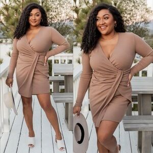 Pink Lily Mocha Brown Drape Front Surplice V Neck Long Sleeve Mini Dress New